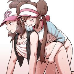 1futa 1girls all_fours ambiguous_penetration ass bent_over blue_eyes blush bottomless breasts brown_hair cap closed_eyes clothed clothing double_bun duo female futa_on_female futa_with_female futanari gooberman hat hilda_(pokemon) human light-skinned_female light-skinned_futanari light_skin nintendo pale_skin partially_clothed penis pokemon pokemon_bw pokemon_bw2 rosa_(pokemon) sex slut slutty_outfit slutty_teenager tee teenage_girl teenager twintails white_background