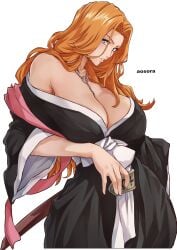 1girls aosora artist_name bare_shoulders beauty_mark big_breasts bleach blue_eyes breasts chain_necklace collarbone female female_only highres huge_breasts jewelry large_breasts looking_at_viewer matsumoto_rangiku mole_under_mouth necklace orange_hair pink_shawl shawl shihakusho simple_background solo sword weapon white_background zanpakutou