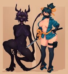 2girls anthro black_body black_hair black_thighhighs blep blush breasts crouching dark_blue_hair female female_only glowing_eyes hi_res horns human inner_sideboob japanese_clothes justrube loincloth looking_at_viewer monster mouth_mask narrowed_eyes naughty_face neck_bell open_clothes original rube smiling smiling_at_viewer spiked_collar sword tail thick_thighs thighhighs tied_hair tongue_out weapon yellow_eyes