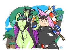 2020 2d 2d_(artwork) a_goofy_movie anthro background backpack beach_toy beach_umbrella big_body big_breasts black_cloak black_clothing blue_sky bucket disney disney_villains dragoness fat fat_body fingerless_gloves green_skin holding_sunglasses horned_headwear horns kingdom_hearts life_ring mad-project maleficent neckwear palm_tree partially_clothed_female partially_clothed_male pete_(disney) purple_clothing rubber_duck shovel sleeping_beauty_(1959_film) sling_bikini speedo sunglasses thighs tropical_setting video_game video_game_background wide_hips yellow_eyes zipper