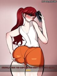 artist_name big_ass big_breasts blush booty_shorts breasts bubble_butt cameltoe english_text female fit_female hand_on_own_ass hips hooters hooters_uniform hyperrxgue kasumi_yoshizawa looking_back megami_tensei mirror_selfie persona persona_5 persona_5_royal phone selfie solo solo_female solo_focus squeezing_ass sumire_yoshizawa thick thick_thighs tight_clothing