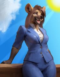 2024 alternate_species anhedonia anthro breasts brown_hair digital_media_(artwork) digital_painting_(artwork) female female_anthro fully_clothed_anthro fully_clothed_female furrification hair hyena kamala_harris kamala_harris_(hyena) long_hair mammal medium_breasts open_mouth open_smile portrait smile snout solo spotted_hyena standing teeth three-quarter_portrait three-quarter_view tongue wide_hips