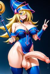 1futa ai_generated blonde_hair cleavage dark_magician_girl futa_only futanari green_eyes hi_res holding_object holding_staff huge_breasts huge_cock light-skinned_futanari light_skin long_hair marrielobste one_eye_closed peace_sign self_upload smile smiling thick_thighs yu-gi-oh!