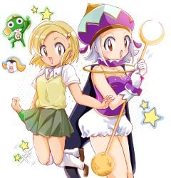 2boys 2girls absurdres angol_mois angol_mois_(angol_form) blonde_hair brown_eyes gyaru hair_ornament hairclip highres keroro keroro_gunsou multiple_boys multiple_girls school_uniform skirt tamama tan