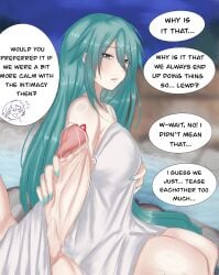 1boy 1girls blush comic cum cum_on_hand english_text erection green_eyes green_hair handjob hatsune_miku kaito kaito_(vocaloid) nail_polish naked naked_female naked_male nude nude_female nude_male onsen speech_bubble sweat tattoo towel towel_only very_long_hair vocaloid