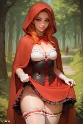 acw ai_generated blue_eyes bowtie corset dress female forest frilled_dress frilled_legwear frilly_clothing gloves lifting_shirt little_red_riding_hood looking_at_viewer medium_breasts no_panties orange_hair outdoors smile thighhighs upskirt