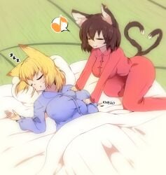 2_tails 2d =w= all_fours animal_ears animal_humanoid animal_tail asian_mythology bedding big_breasts blanket blonde_hair blue_pajamas blush blush_lines breasts brown_fur brown_hair canid canid_humanoid canine canine_humanoid cat_humanoid cat_smile chen chen_(touhou) closed_eyes clothing dipstick_ears dipstick_tail duo ear_markings ear_piercing east_asian_mythology felid felid_humanoid feline feline_humanoid female fox_humanoid fur hair huge_breasts humanoid japanese_mythology jungleboyayaya kneading kneading_breast mammal mammal_humanoid markings multi_tail multicolored_ears multiple_girls musical_note musical_symbol mythology nekomata nipple_outline open_mouth pajamas piercing pillow ran_yakumo red_pajamas short_hair sleeping smile sound_effects speech_bubble symbol tail tail_markings tailed_humanoid tan_body tan_skin text thick_thighs touhou vowelless vowelless_sound_effect white_body white_fur wide_hips yellow_body yellow_fur yokai