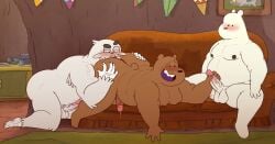 3boys anthro anukkyt balls bear blush cartoon_network couch dripping_precum erection fat_ass gay genitals grizzly_(wbb) hand_on_butt handjob horny ice_bear licking_ass male masturbation nude nude_male pecs penis precum ralph_(wbb) trio veiny_penis we_bare_bears yeti