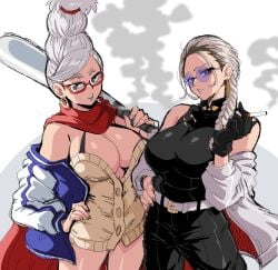 2girls ayase_seiko braid braided_hair braided_ponytail cigarette cleavage clothed clothed_female dandadan earrings female_only gilf glasses gokurakugai_sanbandori_no_ken grandmother lewdamone milf multiple_girls old_woman older_female round_glasses short_hair simple_background sister_tao smoking smoking_cigarette white_background white_hair