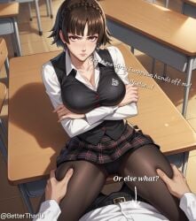 1boy 1girls 8etter_than_u ai_generated annoyed asian asian_female big_breasts breasts brown_hair crossed_arms english_text female large_breasts light-skinned_male light_skin makoto_niijima male megami_tensei nationality pantyhose persona persona_5 pov raceplay school_uniform skirt text