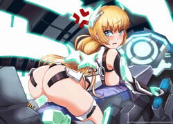 angela_balzac anger_vein angry anus armor ass bangs blonde_hair blue_eyes bottomless breasts breasts_out clothing elbow_gloves expelled_from_paradise female gloves glowing hair_ornament halterneck headgear hmage large_breasts long_hair looking_at_viewer looking_back lying neon_trim nipples on_stomach pussy_juice solo tied_hair twintails vaginal_insertion vaginal_penetration very_long_hair