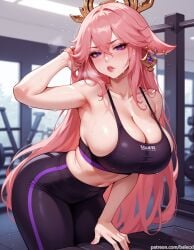 1female 1girls adjusting_hair ai_generated balecxi big_breasts blush blush breasts breasts female front_view genshin_impact gym gym_clothes gym_clothing gym_uniform leggings long_hair looking_at_viewer solo solo_focus sports_bra sportswear sweat sweatdrop sweating sweaty sweaty_body tight_clothes tight_clothing tight_pants watermark workout_clothes workout_clothing yae_miko yoga_pants