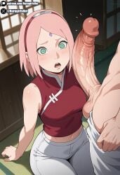 1boy 1girls ai_generated big_penis blush boruto:_naruto_next_generations green_eyes narugirlshot naruto naruto_(series) penis pink_hair sakura_haruno short_hair small_breasts testicles