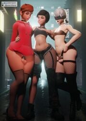 3boys 3d_render black_hair blindfold brown_hair chastity_cage femboy hoodie marc_(peterraynor) peterraynor white_hair yorha_9s