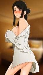 1girls black_hair blush blush blushing_at_viewer breasts female female_focus female_only half-dressed half_naked large_breasts long_hair looking_at_viewer milf mutia_badhrika smile smiling smirking_at_viewer suit teenager topwear