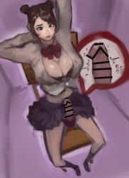 big_breasts brown_eyes brown_hair censored chair cleavage coat erection futanari panties penis raised_arms shoes sitting skirt socks sweating twintails