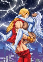 absurdres arms_around_neck artist_request blonde_hair breasts breasts_out capcom cape city clothed_sex clothes_pull dark_skin gloves grabbing_another's_ass groping highres holding holding_on ken_masters lightning marvel marvel_comics marvel_vs._capcom moaning mutant_(marvel) night non-web_source open_mouth ororo_munroe pants pants_pull penis rain sex smile storm storm_(x-men) street_fighter thunderstorm vaginal_penetration white_footwear white_hair x-men x-men_vs._street_fighter