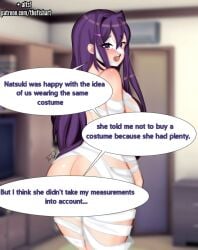 1girls 2024 artist_name ass back_view bandage bandages breasts doki_doki_literature_club english_text female female_only hair_ornament hairclip halloween highres large_ass large_breasts light-skinned_female light_skin looking_at_viewer looking_back mummy mummy_costume mummy_wrappings nipples open_mouth purple_eyes purple_hair solo speech_bubble speech_bubble_censor text thefishart thick_thighs watermark yuri_(doki_doki_literature_club)