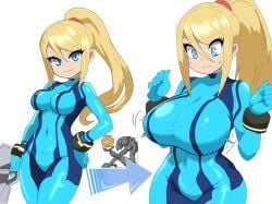 abdomen absurd_res blonde_hair blue_eyes breast_expansion female healerart huge_breasts long_hair looking_at_breasts looking_at_viewer metroid navel nervous_sweat ponytail pose power_up samus_aran solo suit sweatdrop thighs voluptuous_female zero_suit_samus