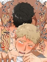 2boys anal arm_support bara bare_shoulders bite_mark bite_mark_on_shoulder blush brown_hair commentary_request completely_nude crying cum cum_in_ass cum_on_ass cum_on_body dark-skinned_male dark_skin drooling dungeon_meshi full-face_blush highres interracial kabru kobabayashi0704 laios_touden legs_up lying lying_on_person male male_focus male_only male_penetrated motion_lines mouth_drool multiple_boys nude on_stomach open_mouth prone_bone saliva sex sex_from_behind sheet_grab small_pupils sound_effects spread_legs streaming_tears tears teeth tongue translation_request wide-eyed wince yaoi