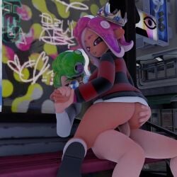 1boy 1girls 3d 3d_(artwork) ass background_music blender blender_(software) couple cowgirl_position crown female green_eyes green_hair male male/female music nintendo no_pants octoling octoling_boy octoling_girl original_characters pink_eyes pink_hair riding riding_penis splatoon tagme tealgerudo tenshipichi tentacle_hair video voluptuous_female