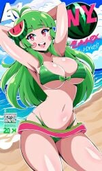 ai_generated armpits beach big_breasts bikini blush cute_girl green_hair happy_female long_hair magazine_cover swimsuit vannamelon vannamelon_(copyright)