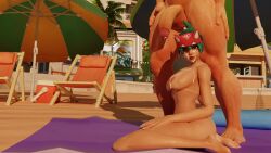 3d asian_female ass balls beach breasts cum desktop_size kiriko_(overwatch) outdoors overwatch pale-skinned_female penis public size_difference