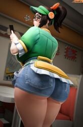 3d 3d_(artwork) blender_(software) booty_shorts jean_shorts large_ass looking_back mei_(overwatch) overwatch overweight smitty34 thick_thighs voluptuous voluptuous_female