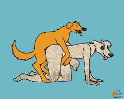 5:4 ambiguous_gender anthro anthro_on_feral bird_dog blue_eyes canid canine canis doggy_style domestic_dog duo female feral from_behind_position hi_res hunting_dog labrador male male/female mammal markings orangecat retriever sex spots spotted_markings yellow_body zoophilia