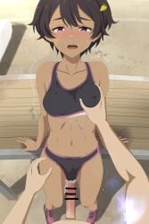 1boy 1girls akinoya bar_censor breast_grab censored dark-skinned_female dark_skin female imminent_sex make_heroine_ga_oo_sugiru! male male_pov small_breasts sports_bra sweat_stain tanline track_pants yakishio_lemon