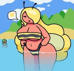 aliya_(zxtomatofan) beemato_(okami_tomato) big_breasts big_thighs bikini cameltoe erect_nipples heart water yellow_hair zxtomatofan