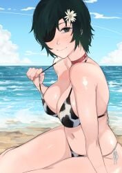 absurdres animal_print beach bikini black_eyes black_hair blue_sky breasts chainsaw_man choker cloud cow_print cow_print_bikini dakaeya day eyepatch female flower hair_flower hair_ornament highres himeno_(chainsaw_man) large_breasts navel outdoors print_bikini red_choker sand short_hair sky smile solo swimsuit