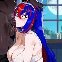 1boy ai_generated alear_(female)_(fire_emblem) blue_eyes blue_hair bra cleavage creamy_ai curvy dark-skinned_male deepthroat fellatio female fire_emblem head_grab heterochromia interracial large_breasts oral penis red_eyes red_hair two_tone_hair upper_body white_bra wide_eyed