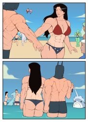 abs batman beach bikini bikini_bottom bikini_top black_hair boonie_baby bruce_wayne buff buff_female couple couple_(romantic) dc dc_comics diana_prince double_cheeked_up green_skin holding_hands huge_ass long_hair martian_manhunter mask masked masked_male muscle muscles muscular muscular_male scarred scarred_body scars scars_all_over superhero superheroine tan_lines wonder_woman