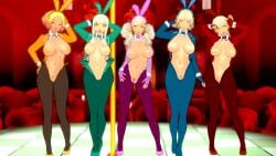 ann_takamaki atlus blonde_hair bunny_ears_headband collar corrupted corruption dyed_hair kasumi_yoshizawa looking_at_viewer lordem makoto_niijima mind_break mind_control persona persona_5 sakura_futaba shadow_(persona) shadow_self_(persona) strip_club stripper_pole sumire_yoshizawa tan_body tan_skin tanned yellow_eyes