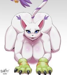 2020 absurd_res all_fours anthro ass ass_up bandai_namco big_breasts big_butt blue_eyes breasts digimon digimon_(species) eyelashes felid female gatomon gradient_background hi_res huge_breasts huge_butt looking_at_viewer mammal plankboy signature simple_background solo