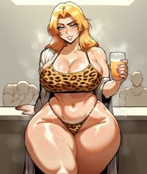 ai_generated ai_hands bar beer bleach blonde_female blonde_hair drink faceless_male glass_of_beer hips hips_wider_than_shoulders holding_object large_breasts leopard_print matsumoto_rangiku royalcockwarmer smug stable_diffusion tan_body tanline thick_thighs very_wide_hips wide_hips