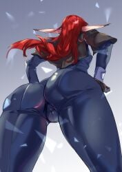 1girls 2024 ass ass_focus atlus bonemanjake booty breasts cameltoe elf_ears female female_only hands_on_hips hulkenberg jumpsuit long_ears long_hair low-angle_view metaphor:_refantazio pointy_ears red_hair sega small_breasts