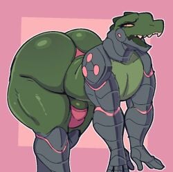 1boy 2024 anthro armor ass barely_visible_penis big_ass bulge crocodile crocodilian femboy green_scales male male_only no_tail open_mouth pink_background ryker_(welwraith) scalie scraper_city solo thick_ass thick_thighs two_tone_body welwraith yellow_sclera