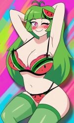 ai_generated armpits big_breasts blush colorful_background cute_girl green_hair happy_female lingerie long_hair pink_eyes underwear vannamelon vannamelon_(copyright) wink winking_at_viewer