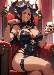 ai_generated crossed_legs dark-skinned_female dominatrix holding_object holding_skull horns large_breasts lingerie looking_at_viewer sitting skull smirk smirking_at_viewer succubus succubus_horns tease teasing teasing_viewer thick_thighs throne yhozuko