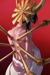 absurdres artist_name bare_back bare_shoulders black_hair bleach bleach:_sennen_kessen-hen breasts erikvarts female female_focus hair_ornament highres horns looking_at_viewer looking_back medium_breasts multi_arm multi_limb nude red_background shutara_senjumaru simple_background solo undressing variant_set