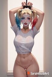 1girls abs ai_generated arms_above_head arms_up barely_clothed blonde_hair blue_hair blush blushed bondage bottomless bound bound_wrists breasts breasts_visible_through_clothing captured collar colored_hair dc dc_comics facepaint female female_focus harley_quinn indoors inside lipstick looking_at_viewer medium_breasts perfect_body ponytail ponytails pussy red_hair red_lipstick rope sarahvividart seductive seductive_eyes seductive_look see-through see-through_clothing shiny_skin shirt solo solo_focus suicide_squad thick_thighs thin_waist tied tied_up twintails visible_breasts wide_hips