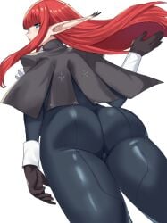 1girls 2024 ass ass_focus atlus blue_eyes blush booty elf_ears female female_only flipped_hair hulkenberg jamjam long_ears long_hair looking_back metaphor:_refantazio pointy_ears red_hair sega simple_background white_background