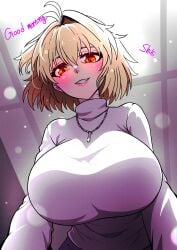 absurdres antenna_hair arcueid_brunestud big_breasts blonde_hair blush breasts english_text female from_below fukou fukou_da_man highres huge_breasts indoors jewelry large_breasts looking_at_viewer looking_down pendant pov red_eyes short_hair solo sweater tsukihime tsukihime_(remake) white_sweater