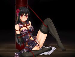 bare_shoulders black_hair black_legwear bondage bondage breasts china_dress chinese_clothes cleavage dress female flower gloves hair_flower hair_ornament highres long_hair midnight_(artist) original red_eyes solo thighhighs underwear