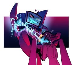 baxter_(hazbin_hotel) blowjob chair collar cyanredblue demon demon_boy demon_humanoid hazbin_hotel humanoid leash object_head oral tv_head vox_(hazbin_hotel)