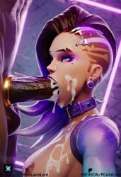 ai_generated big_ass big_breasts black_male bra cameltoe cock_ring cum cum_in_mouth cum_on_face latina multicolored_hair overwatch overwatch_2 pornlandlord purple_background purple_eyes shorts sombra thick thick_thighs wet