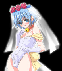 1boy ayasaki_hayate bell bell_collar black_background blue_eyes blue_hair blush bridal_veil bulge collar crossdressing erection erection_under_clothes gloves hayate_no_gotoku! looking_at_viewer male male_only short_hair simple_background sinnocent solo trap veil