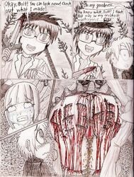 anus ass black_and_white black_hair bleeding blood bondage clenched clenching comic crying female from_behind glasses gore grin guro handcuffs horror knife masochist multiple_boys nazi original peeing pussy sad sadistic scar scars short_hair sketch slashing slicing smirk tears torture uncensored urine